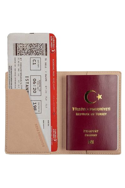Smyrna Acar Mira Thermo Δερμάτινη θήκη διαβατηρίου με στάμπα Θήκη διαβατηρίου Ταξιδιωτικό πορτοφόλι μπεζ