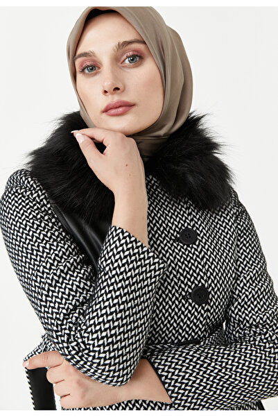 Setrms Siyah Deri Mixli Yaka Kemer Detaylı Kaban 2413202