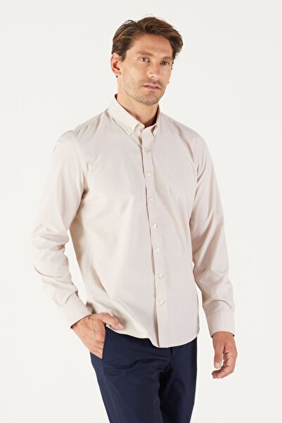 AC&Co / Altınyıldız Classics Férfi bézs vékony szabású keskeny szabású oxfordi gombos gallér Gingham pamut ing