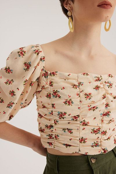STELLA PULVIS Ecru Off-Shoulder Gathered Crop Blouse