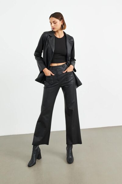 STELLA PULVIS Siyah Yüksek Bel Cepli Suni Deri Pantolon
