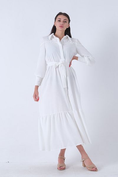 Feminist White Hijab Dress - Mobile Belted, Shirt Collar44510425