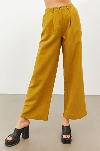 STELLA PULVIS Hardal Keten Yüksek Bel Wide Leg Pantolon