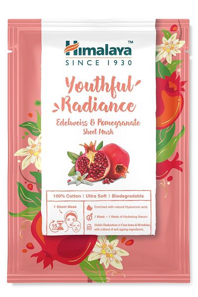 Himalaya Since 1930 Edelweiss Pomegranate Hyaluronic Acid Sheet Mask - 100% Cotton, All Skin, 30 Gr