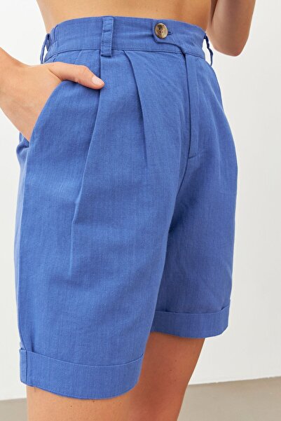 STELLA PULVIS Mavi Beli Lastikli Keten Şort