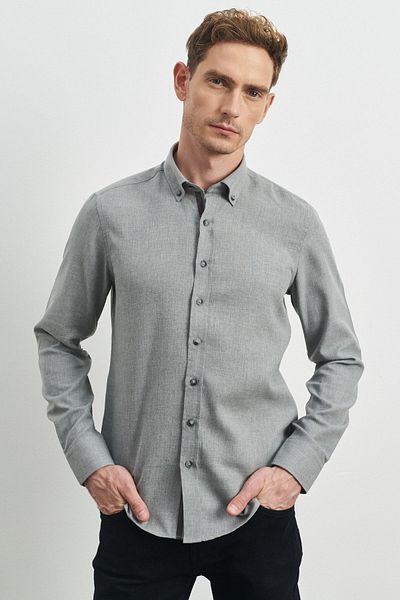 ALTINYILDIZ CLASSICS Hellgraues Slim-Fit-Flanell-Holzfällerhemd mit Knopfkragen für Herren