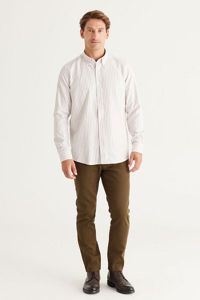 ALTINYILDIZ CLASSICS Men's Beige-White Slim Fit Slim Fit Button Collar Cotton Striped Shirt