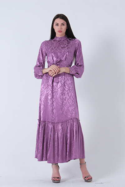 Feminist Yakası ve Kolları Taşlı Kuşaklı Tesettür Elbise Lavanta 4593281