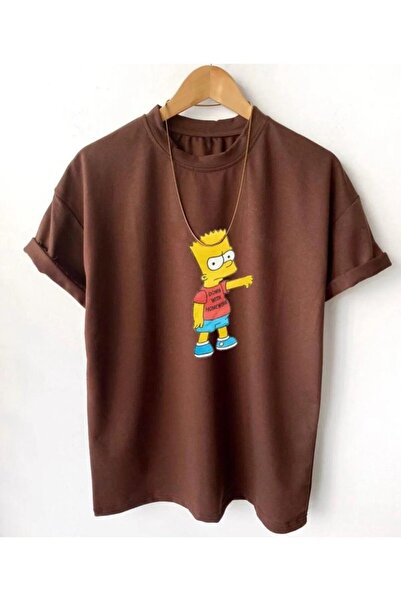 HIRSCH تي شيرت بني كبير الحجم للجنسين برقبة دائرية مطبوع عليه بارت سيمبسون