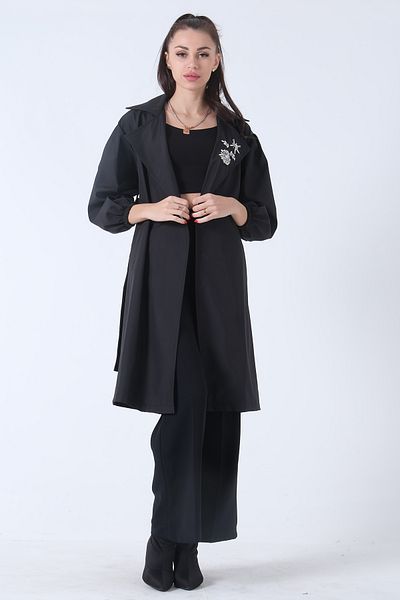 Feminist Stone Detailed Black Low Sleeve Trench Coat3971816