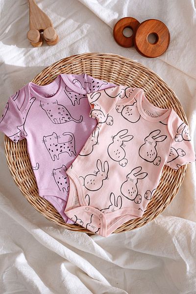 Lilabio 100% Cotton 2 Pack Printed Short Sleeve Baby Body