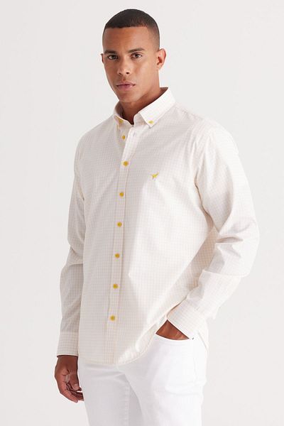AC&Co / Altınyıldız Classics Ανδρικό λευκό-κίτρινο πουκάμισο Comfort Fit Relaxed Cut Button Collar Checked βαμβακερό πουκάμισο