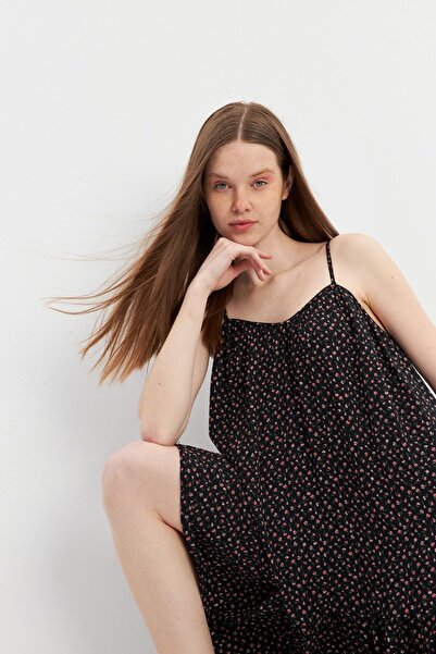 STELLA PULVIS Siyah İp Askılı Fırfırlı Midi Elbise