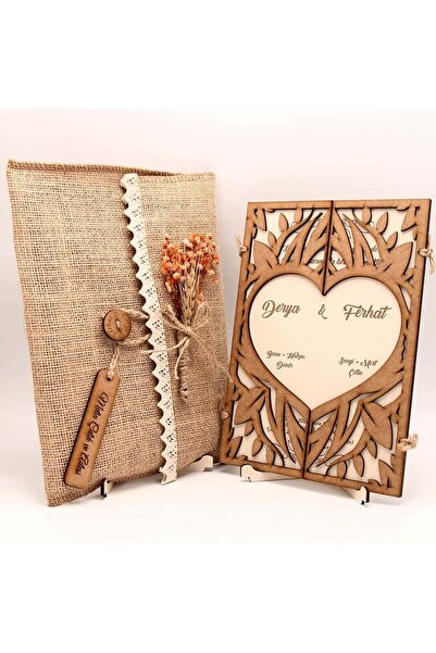 Mekece Ahşap Düğün Davetiyesi Kalp Desenli Davetiye Modelleri | AHD-3005 - 10 Adet