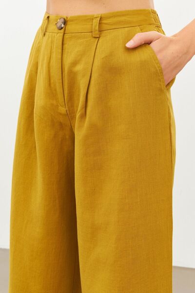 STELLA PULVIS Mustard Linen High Waist Wide Leg Trousers