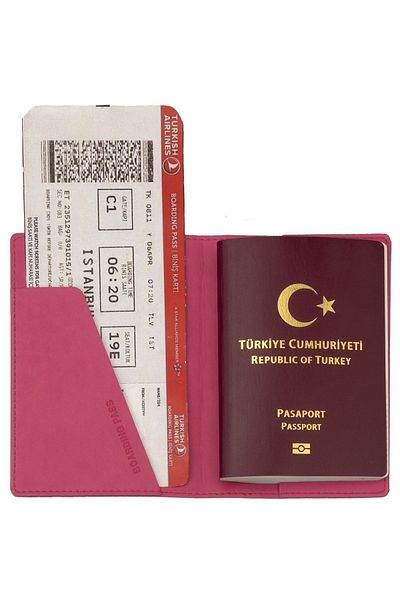 Smyrna Acar Mira Thermo Leather Printed Women'S, Children's Passport Cover Passport Holder Travel Wallet Dark Pink