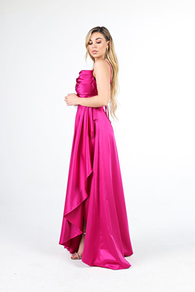 Feminist Slit Detailed Satin Evening Dress Fuchsia4522348
