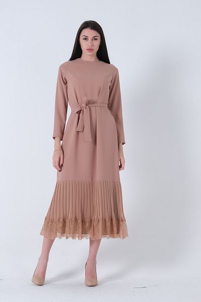 Feminist Skirt Pleat and Lace Detailed Crepe Dress Beige31061400
