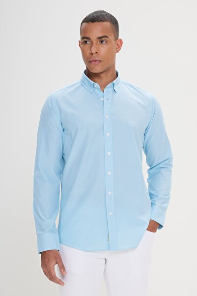 AC&Co / Altınyıldız Classics Cămașă cu dungi din bumbac, alb-turcoaz, slim fit, cu guler ascuns, cu nasturi