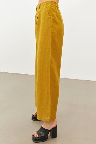 STELLA PULVIS Hardal Keten Yüksek Bel Wide Leg Pantolon