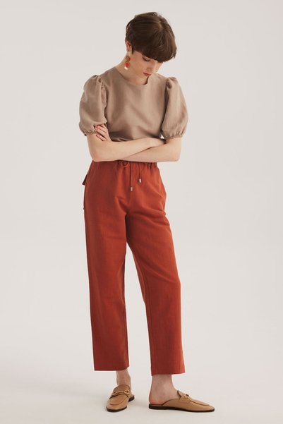 STELLA PULVIS Tile Linen Blended High Waist Paperbag Trousers