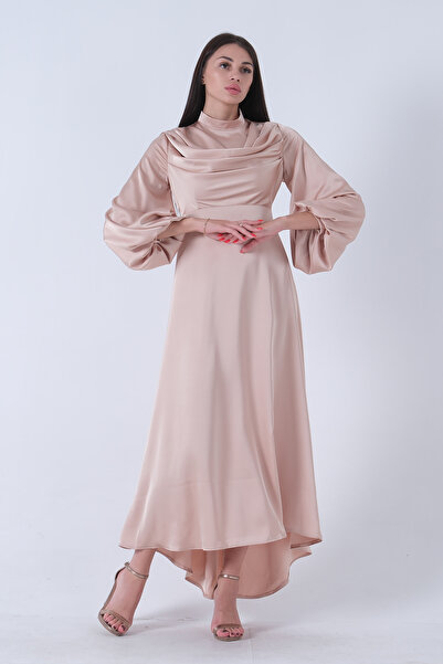 Feminist Degaje Saten Balon Kol Tesettür Elbise Gold 5305035