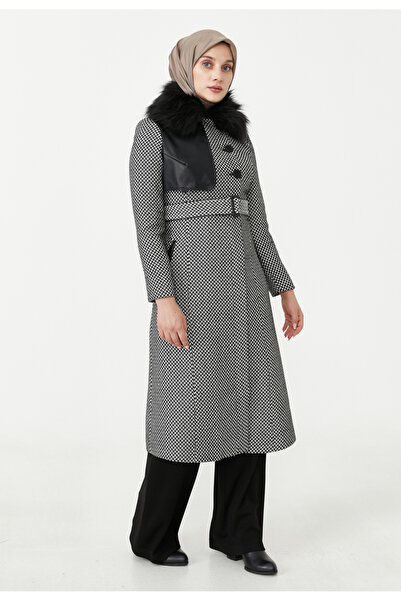 Setrms Siyah Deri Mixli Yaka Kemer Detaylı Kaban 2413202