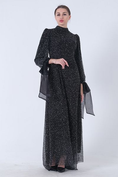 Feminist Stone Embroidered Judge Collar Bow Hijab Evening Dress Black6502462