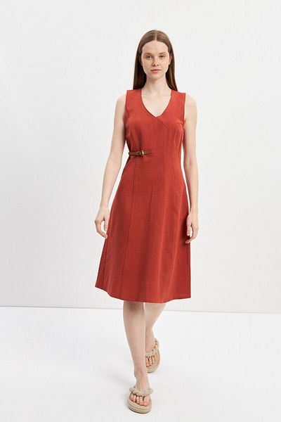STELLA PULVIS Rochie midi din in - cu țiglă și detaliu curea