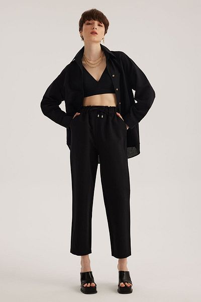 STELLA PULVIS Black Linen Blended High Waist Paperbag Trousers