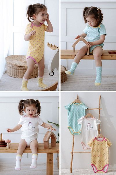 Lilabio 100% Cotton 3-Piece Short Sleeve Baby Bodysuit