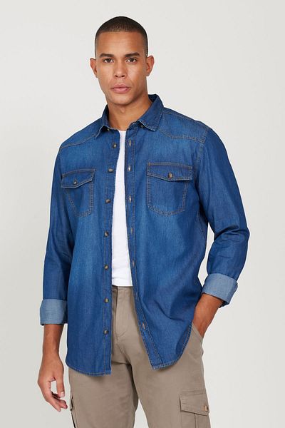 AC&Co / Altınyıldız Classics Cămașă albastră pentru bărbați, slim fit, slim fit, guler ascuns cu nasturi, 100% bumbac