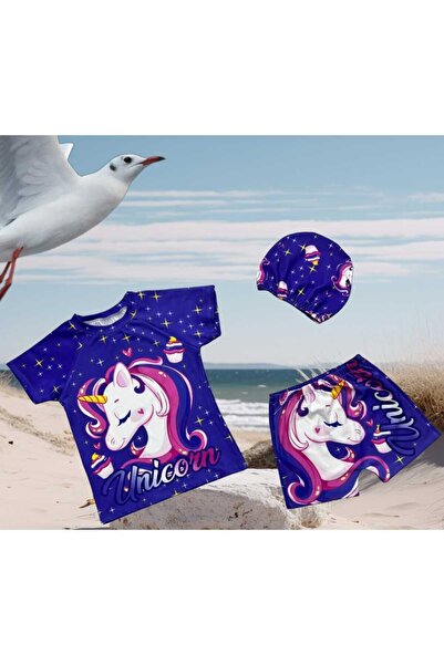 YDBKStore Kız Çocuk(2-10yaş) Unicorn Baskılı Güneş Koruyuculu Mayo 3lü Takım(...