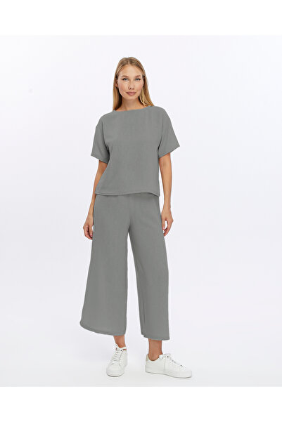 İkmal Oversize Tshirt ve Pantolon Kadın Bej Ikili Keten Takım