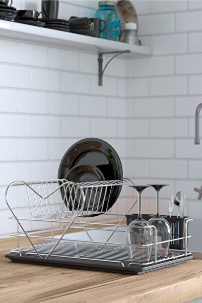 Teknotel İki Katlı Kalpli Tabaklık Bulaşıklık Krom Siyah Tepsi Kb011