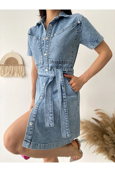 Noa Noa Rochie asimetrică de denim cu mânecă scurtă, cu curea