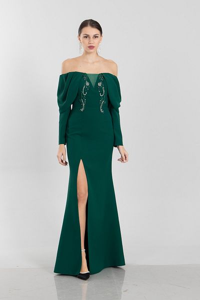 Feminist Boat Neck Jewelled Evening Dress Emerald9705060