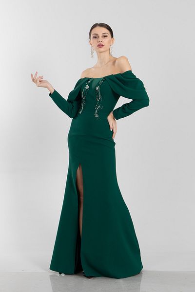 Feminist Boat Neck Jewelled Evening Dress Emerald9705060