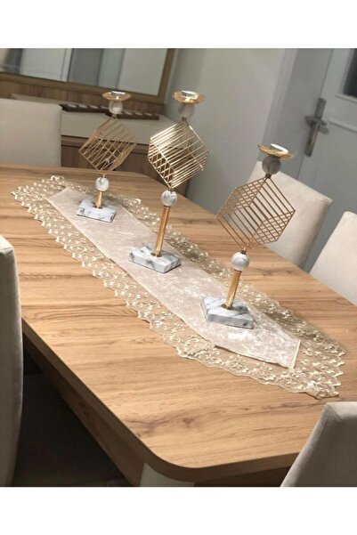 SosyeteDükkanı Velvet Lace Detailed Brown Soft Runner (140x40cm)