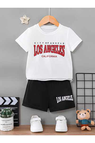 BEETON تي شيرت أبيض للأطفال مطبوع عليه لوس أنجلوس كاليفورنيا وشورت أسود - طقم...
