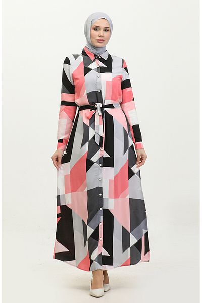 sefamerve Viscose Gray Pink Belted Buttoned Dress - 60403-01
