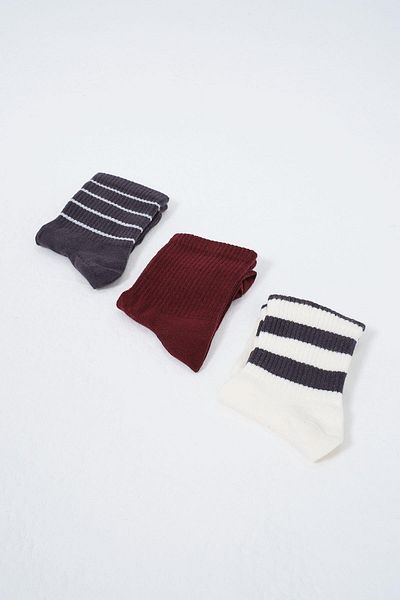 C&City Men's 3-Piece Striped Short Sock Set - Eggplant Purple