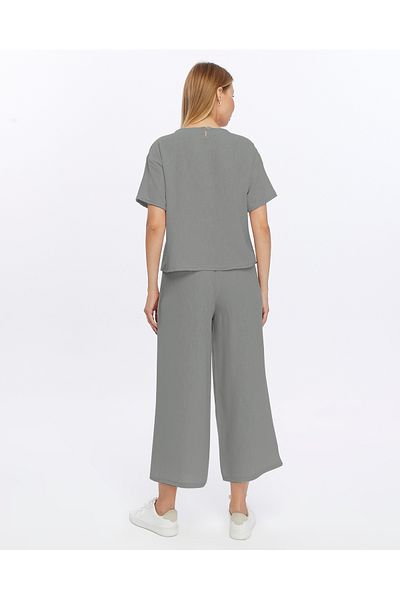 İkmal Beige Linen Set - Oversize T-shirt and Trousers Women's Set