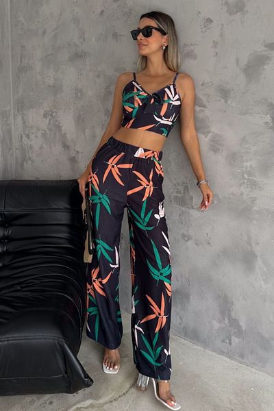 Ded COLLECTION Set de pantaloni și top de damă cu model floral de vară - țesătură înfășurată cu cravată