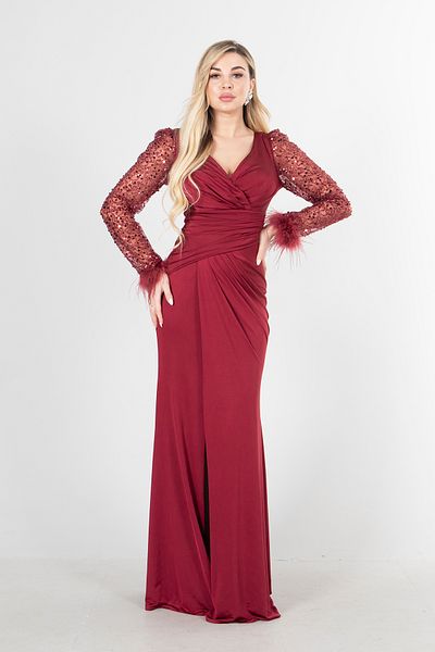 Feminist Sleeve Transparent Stone Embroidered Evening Dress Claret Red9705051