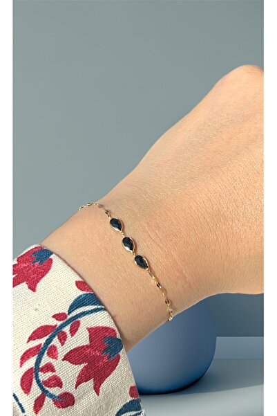 Goldstation 14 Ayar Altın Bileklik Ataç Zincirli 3'lü Damla Taşlı