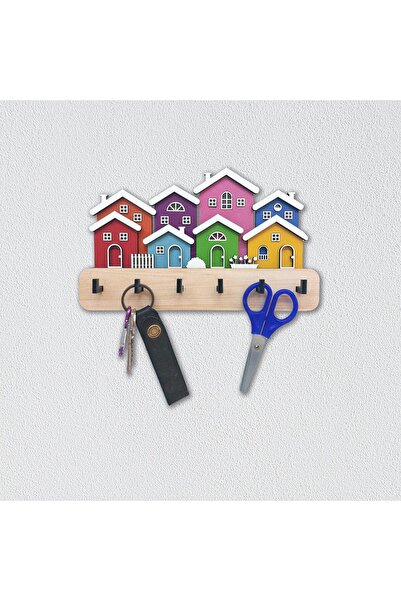 CajuArt Yanyana Renkli Evler Ahşap Dekoratif Duvar Askısı Anahtarlık Modern Dekor