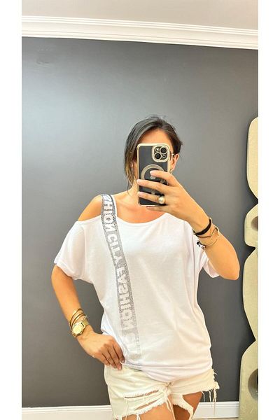 citycenterfashion Plus Size One-Shoulder Stone Detailed City Fashion Blouse - Low Sleeve cty-cnd-06