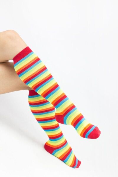 Design Socks Kadın Gökkuşağı Çemberli Pamuklu Diz Altı Çorap - Desen Çorap