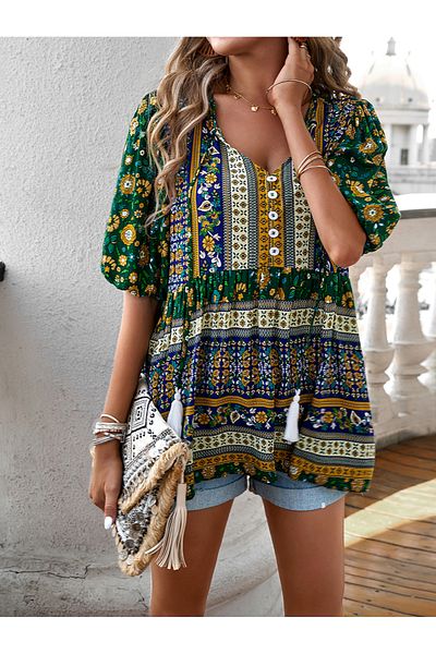 DY By Styli All Over Print Tassel Tie V Neck Blouse